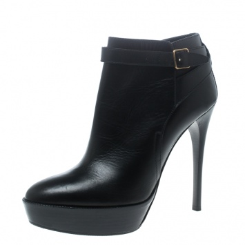 Pre Owned Burberry Black Leather Cross Strap Platform Ankle Boots Size 37