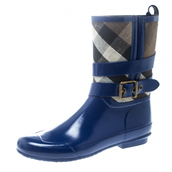 Pre Owned Burberry Beige House Check Canvas and Blue Rubber Rain Boots Size 39