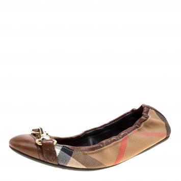 Pre Owned Burberry Beige/Brown Canvas and Leather Shipley Ballet Flats Size 35