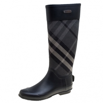 Pre Owned Burberry Black Rubber and Beat Check Fabric Rain Boots Size 36