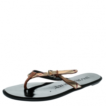 Pre Owned Burberry Beige Novacheck Canvas and Leather Thong Sandals Size 35
