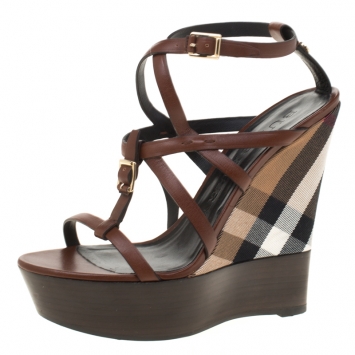 Pre Owned  Burberry Brown Leather Platform Ankle Strap Wedge Sandals Size 40