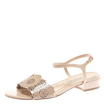 Pre Owned Burberry Beige Laser Cut Patent Leather Adenvale Ankle Strap sandals Size 38