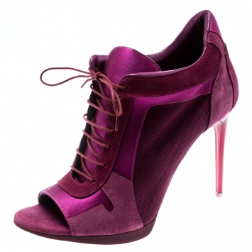 Pre Owned Burberry Pink Suede/Satin Lace Up Peep Toe Ankle Booties Size 39