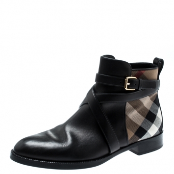 Pre Owned Burberry Beige Check Canvas And Black Strappy Leather House Ankle Boots Size 38