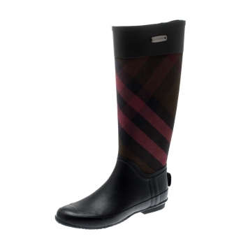 Pre Owned Burberry Rubber And Beat Check Fabric Rain Boots Size 38