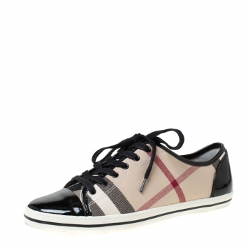 Pre Owned Burberry Beige Novacheck Canvas And Leather Cap Toe Low Top Sneakers Size 40