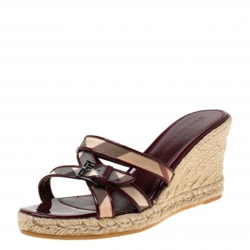 Pre Owned Burberry Burgundy Patent Leather And Nova Check Canvas Espadrille Wedge Sandals Size 40