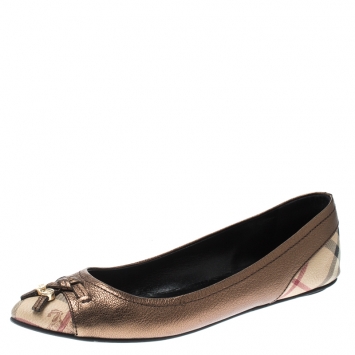 Pre Owned Burberry Metallic Bronze Nova Check Leather Ballet Flats Size 40