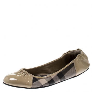Pre Owned Burberry Patent Leather And Nova Check Canvas Scrunch Ballet Flats Size 41
