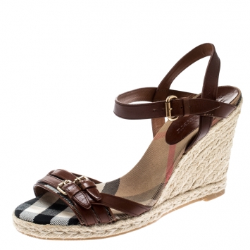 Pre Owned Burberry Brown Belted Leather Espadrille Wedges Sandals Size 41
