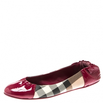 Pre Owned Burberry Burgundy Patent Leather and PVC Nova Check Soft Bellerina Flats Size 41