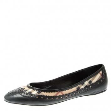 Pre Owned Burberry Black Brogue Leather And Haymarket Check PVC Tudor Ballet Flats Size 41