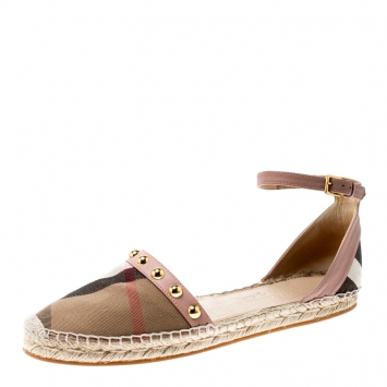 Pre Owned Burberry Pink Studded Leather and Nova Check Canvas Abbingdon Espadrille Flats Size 40.5