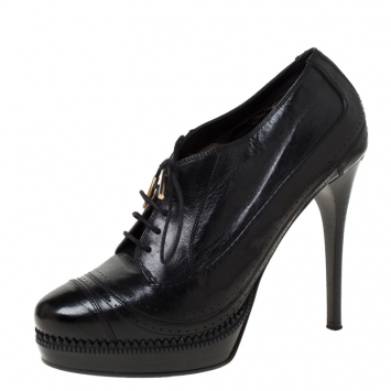 Pre Owned Burberry Black Brogue Leather Lace Up Platform Ankle Boots Size 40