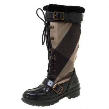 Pre Owned Burberry Black Leather And Brown Mega Check Canvas Lace Up Fur Lined High Weather Boots Size 35