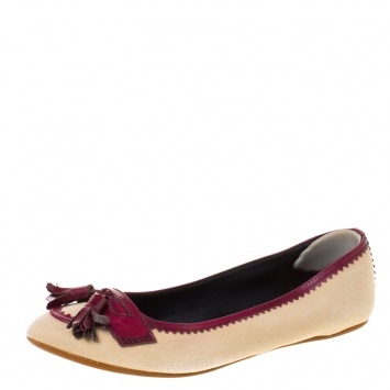 Pre Owned Burberry Beige and Burgundy Canvas and Leather Tassel Ballet Flats Size 38.5
