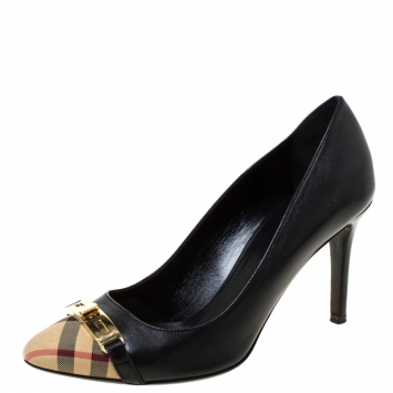 Pre Owned Burberry Black House Check Canvas and Leather Buckle Pumps Size 37