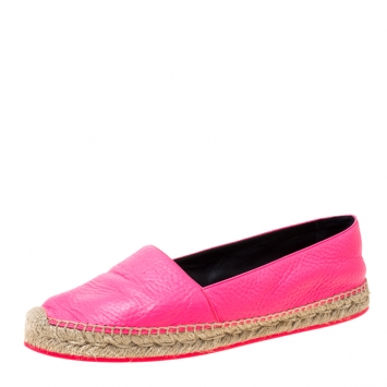 Pre Owned Burberry Neon Pink Leather Hodgeson Logo Slip On Espadrilles Size 39
