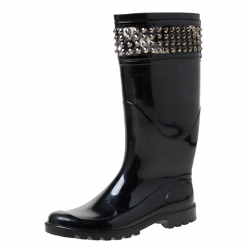 Pre Owned Burberry Black Studded House Check Trim Rubber Rain Boots Size 38