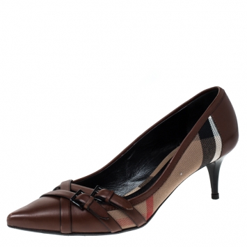 Pre Owned Burberry Brown Housecheck Canvas and Leather Pointed Toe Buckle Pumps Size 39.5