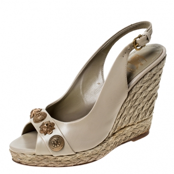 Pre Owned Burberry Beige Leather Studed Peep Toe Singback Wedges Platform Espadrille Sandals Size 37.5