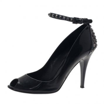 Pre Owned Burberry Black Patent Studded Ankle Strap Pumps Size 39