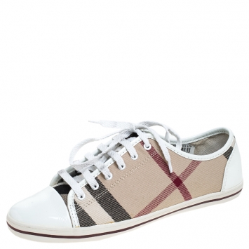 Pre Owned Burberry Beige Nova Check Canvas And White Patent Leather Cap Toe Lace Up Sneakers Size 39