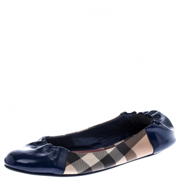 Pre Owned Burberry Blue Patent Leather And Nova Check Canvas Scrunch Ballet Flats Size 39