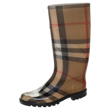 Pre Owned Burberry Multicolor House Check Rubber Rain Mid Calf Boots Size 37