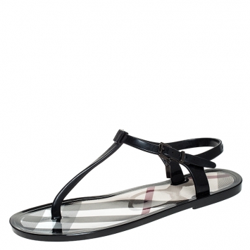 Pre Owned Burberry Black Nova Check PVC Thong Ankle Strap Flats Size 38