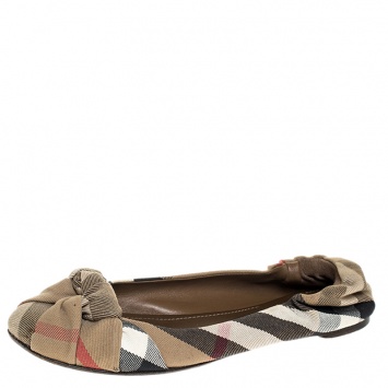 Pre Owned Burberry Brown Canvas Novacheck Knotted Ballet Flats Size 41