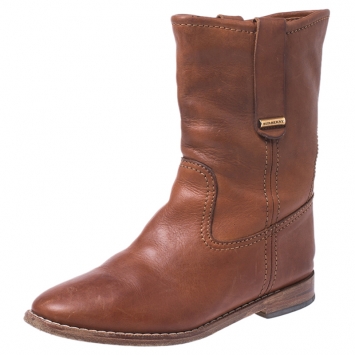 Pre Owned Burberry Tan Leather Mid Calf Flat Boots Size 37