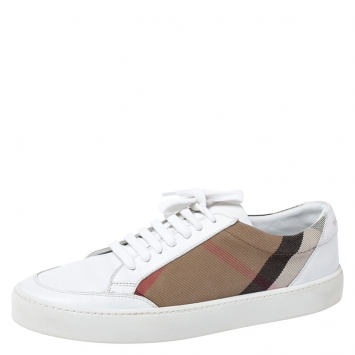 Pre Owned Burberry Beige Nova Check Canvas And White Leather Lace Up Sneakers Size 40.5