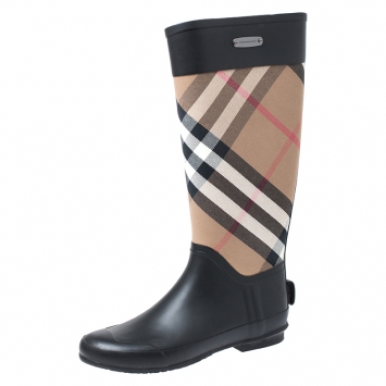 Pre Owned Burberry Beige House Check Canvas and Black Rubber Rain Boots Size 39