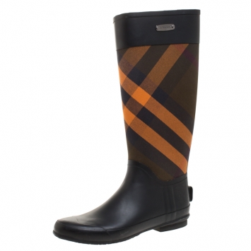 Pre Owned Burberry Black/Orange House Check Fabric and Rubber Clemence Rain Boots Size 39