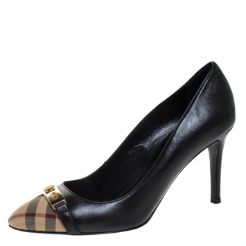 Pre Owned Burberry Black/Beige Check Canvas And Leather HC Twist Lock Firbank85 Pumps Size 37.5
