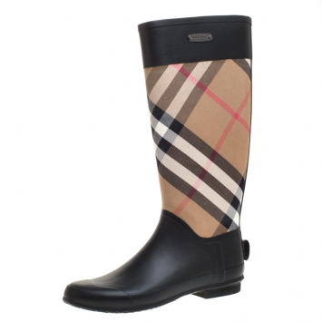 Pre Owned Burberry Black/Beige House Check Fabric and Rubber Clemence Rain Boots Size 40