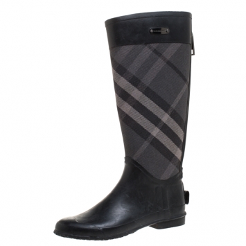Pre Owned Burberry Black/Grey Smoke House Check Fabric and Rubber Zip Rain Boots Size 38