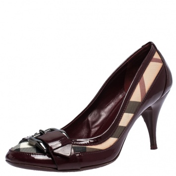 Pre Owned Burberry Burgundy/Beige House Check Canvas and Patent Leather Buckle Peep Toe Pumps Size 40