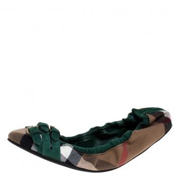 Pre Owned Burberry Beige Nova Check Canvas And Green Suede Buckle Ballet Flats Size 38