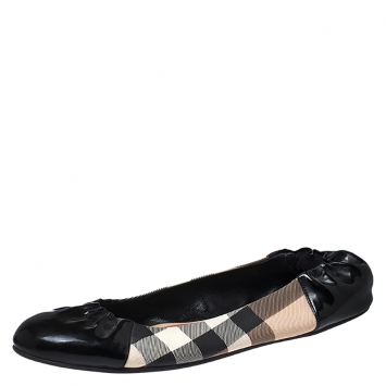 Pre Owned Burberry Black Patent Leather And Nova Check Canvas Scrunch Ballet Flats Size 40