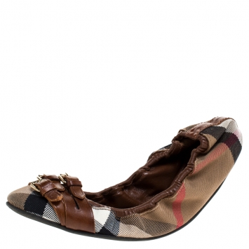 Pre Owned Burberry Brown House Check Canvas and Leather Falcony Scrunch Ballet Flats Size 39