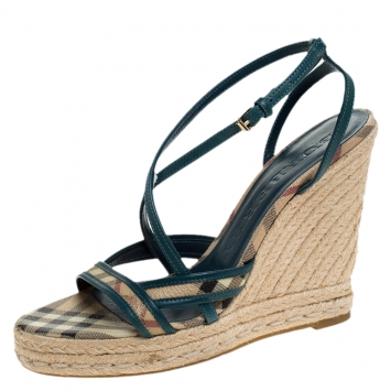 Pre Owned Burberry Multicolor Nova Check Canvas and Leather Cross Strap Espadrille Wedge Sandals Size 39