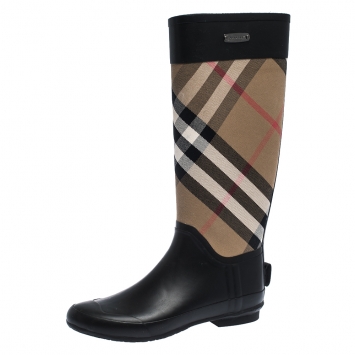 Pre Owned Burberry Black/Beige House Check Fabric And Rubber Clemence Rain Boots Size 39