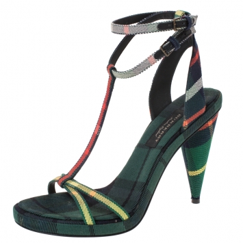 Pre Owned Burberry Green Novacheck Fabric Runway Hans T Strap Sandals Size 38
