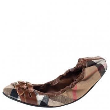 Pre Owned Burberry Brown House Check Canvas and Leather Falcony Scrunch Ballet Flats Size 39