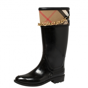 Pre Owned Burberry Black Rubber And Nova Check Canvas Chain Link Rain Boots Size 39