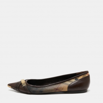 Pre Owned Burberry Brown/Beige Leather and Nova Check Canvas Pointed Toe Ballet Flats Size 39