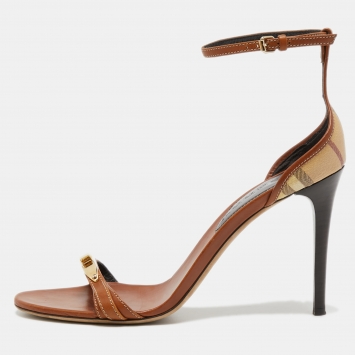 Pre Owned Burberry Brown/Beige House Check Canvas And Leather Ankle Strap Sandals Size 41